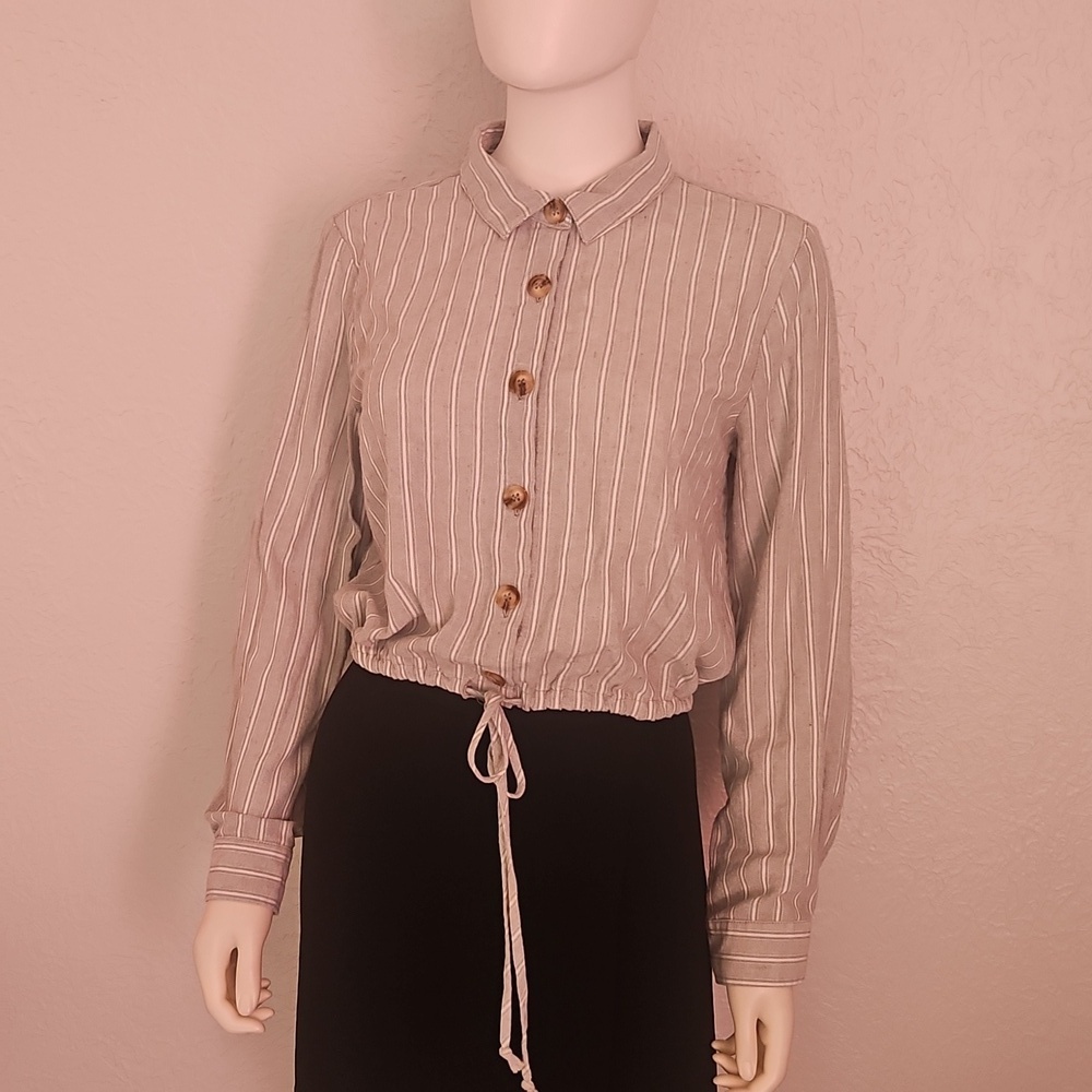 TIMING Sage Striped Drawstring Waist Button Down Long Sleeve Shirt - Picture 3 of 7
